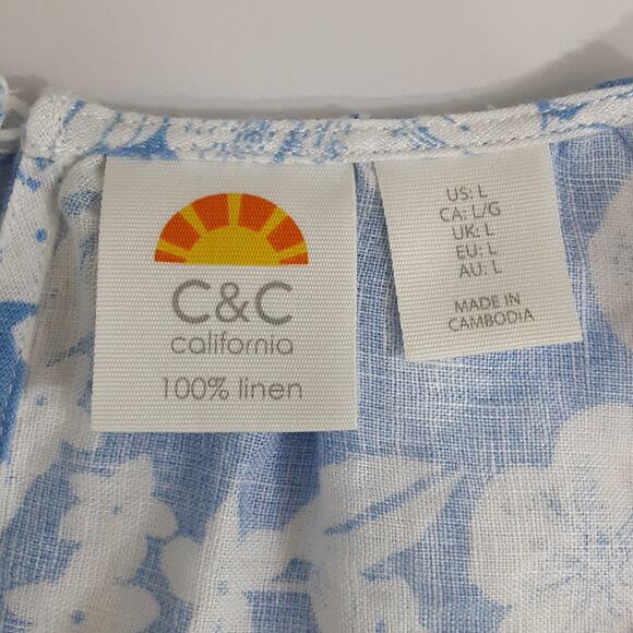 C&C California 100% Linen Maxi Skirt Set Blue Floral Crop Top Drop Shoulder Sz L - Picture 12 of 13
